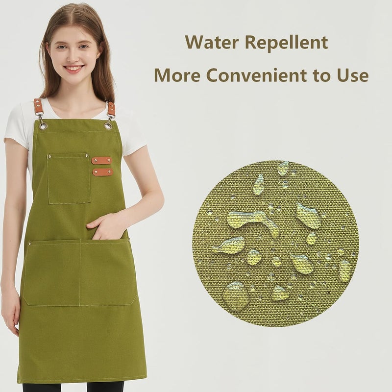 AFUN Chef Aprons for Women Men with Large Pockets, 12-Ounce Cotton Canvas Cross Back Water Repellent Apron (Army Green) - Image 2